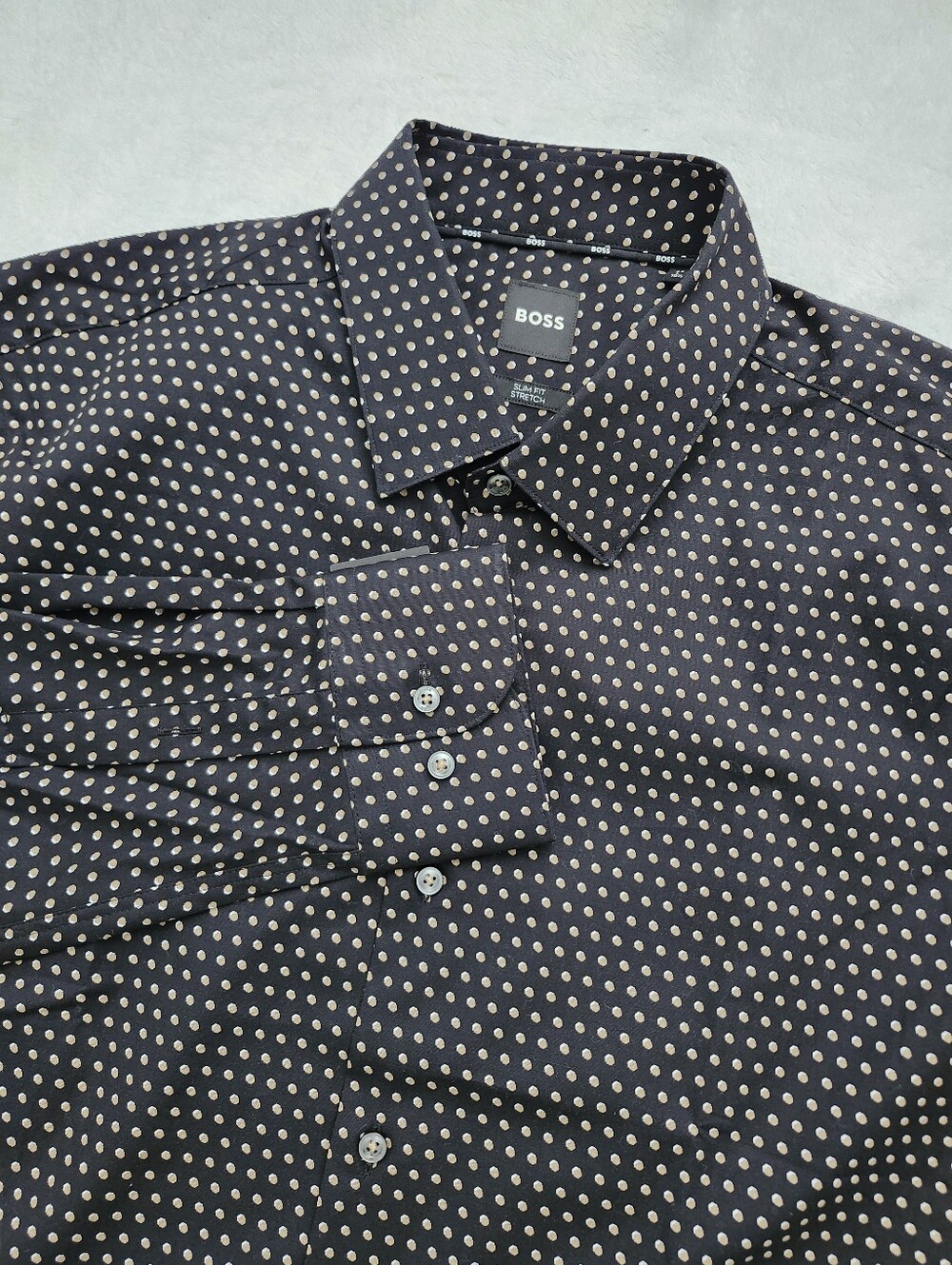 BOSS by Hugo Boss Mens Sz Large Slim Fit Stretch Polka Dot Dress Shirt Black Tan